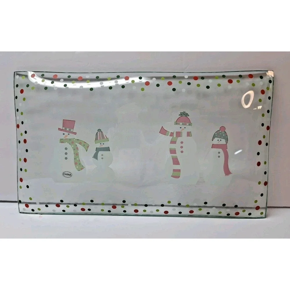 Pampered Chef Snowman-Dots Divided Serving Platter Clear Glass Original Box